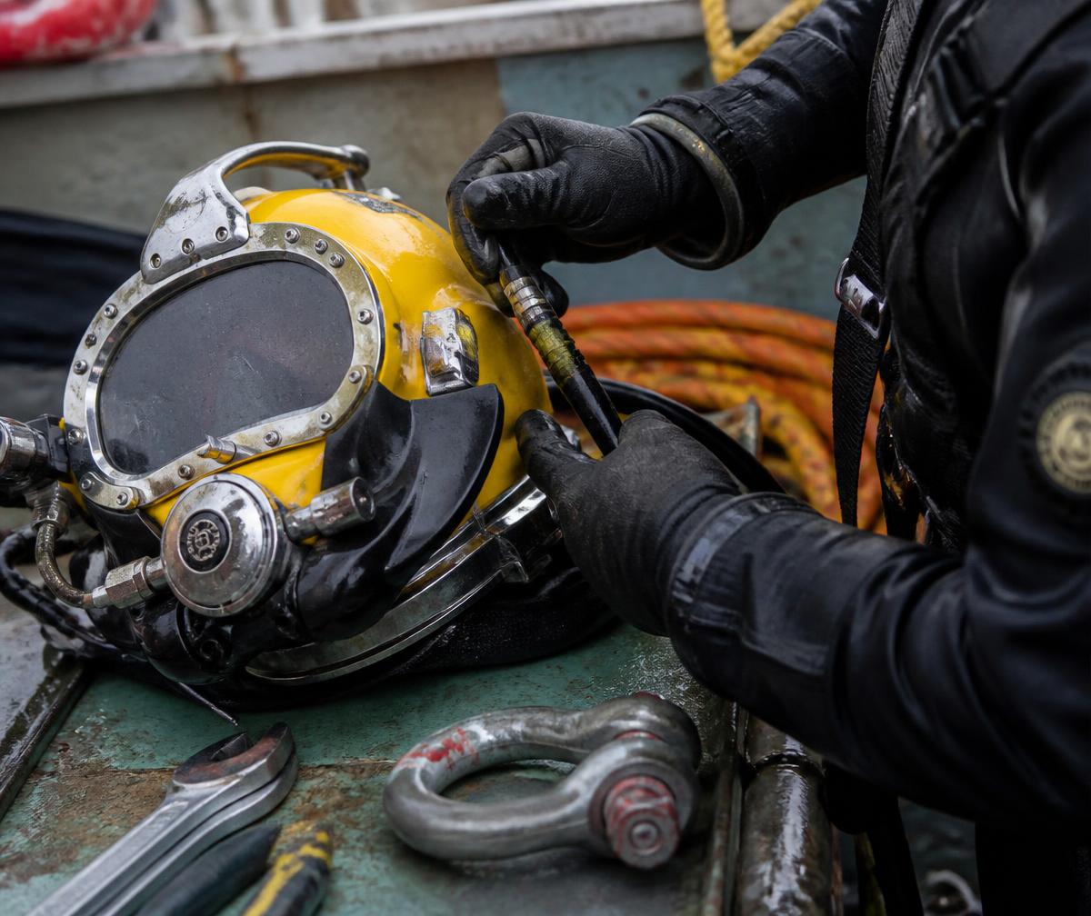 Diver checking helmet and communications cable before a dive