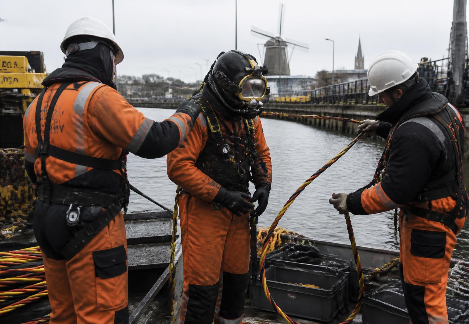 Benelux Diving dive team preparing an umbilical on a workboat deck