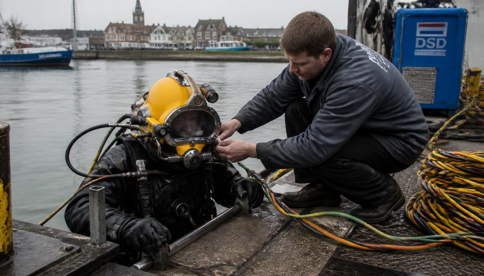 Surface-supplied diver being tended at the quay edge before entering the water.