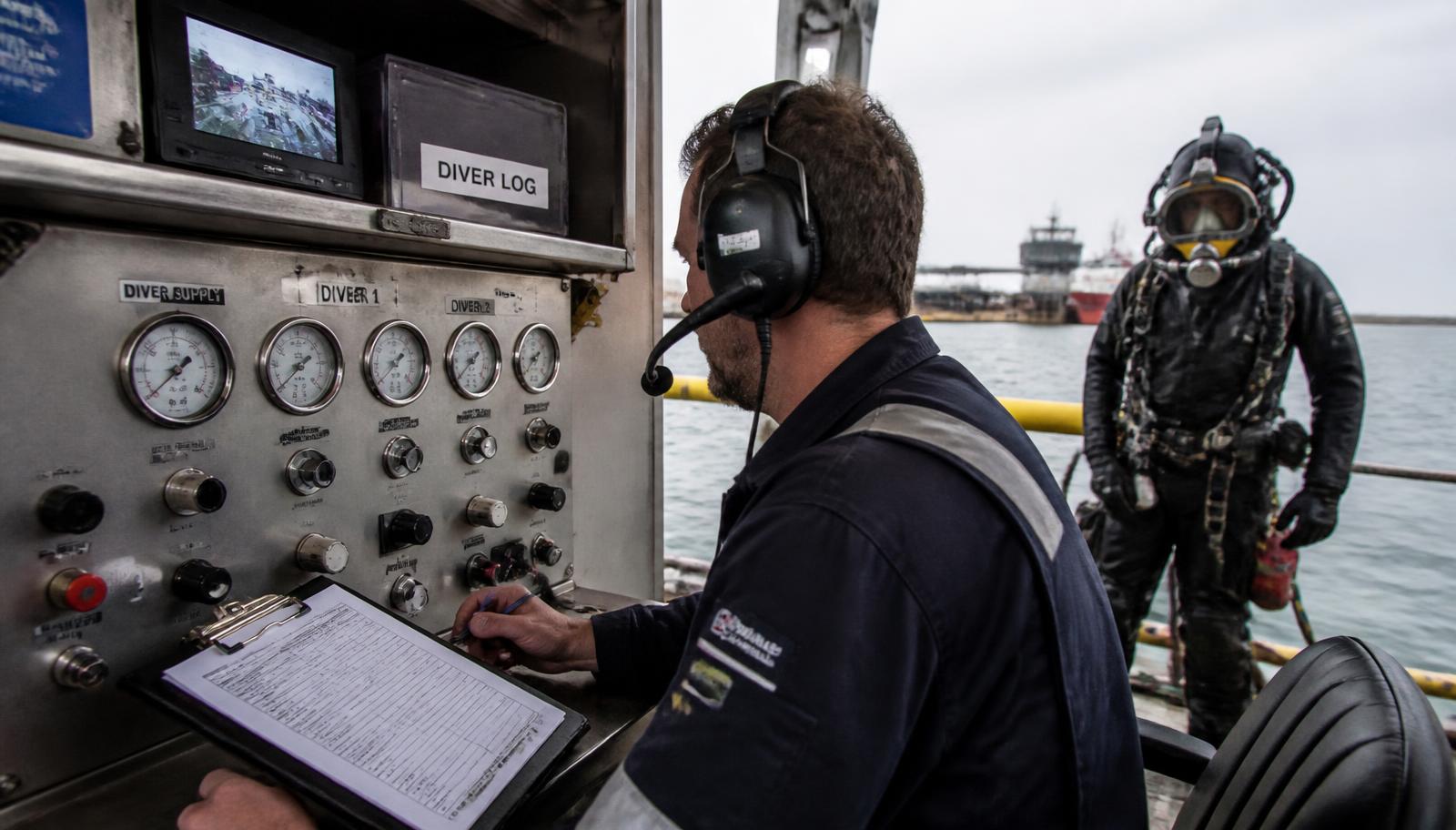 Dive supervisor at the surface control panel, with the standby diver dressed and ready.